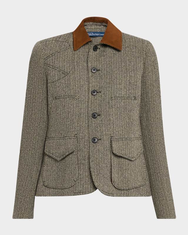 Suede-Trim Herringbone Jacket